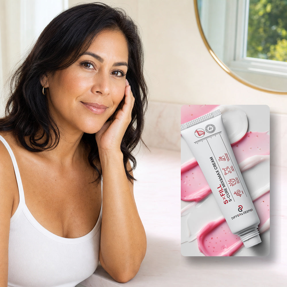 Middle-aged Latina woman with DIFFER&DEEPER S-X Fill S-Cure Mix & Max Cream